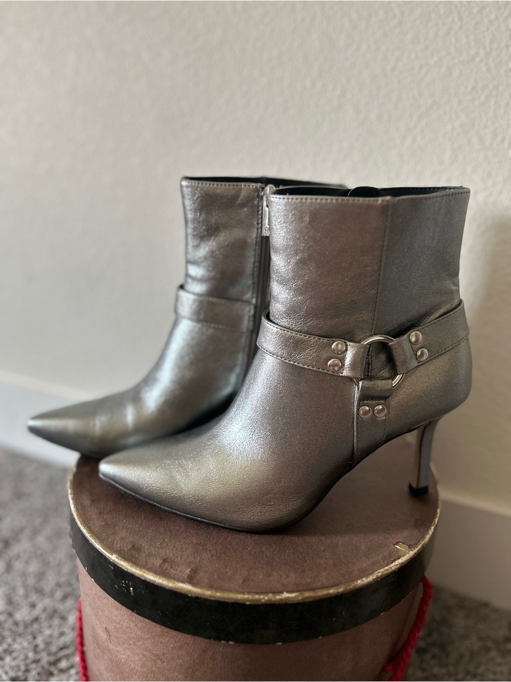 Jessica Simpson Metallic Silver Pointed Ankle Booties with Buckle Strap